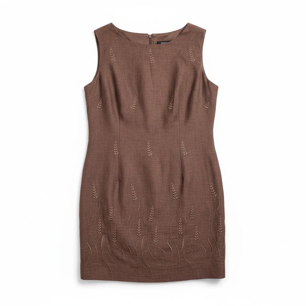 Deadstock Vintage 90s John Roberts 12P Linen Brown Sheath Dress Embroidered